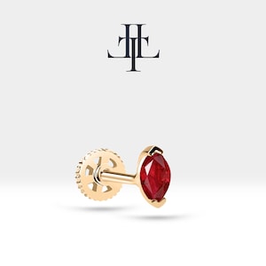 Kraakbeentraguspiercing, robijnrode piercing in marquisevorm, enkele oorbel, 14 kt witgeel roségoud, 8 mm staaflengte, 16 G (1,2 mm), LP00022R