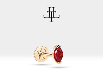 Cartilage Tragus Piercing,Marquise Cut Ruby Piercing,Single Earring,14K White Yellow Rose Solid Gold,8 mm Bar Length,16G(1.2mm),LP00022R