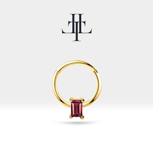 Cartilage Hoop,Baguette Cut Ruby Clicker,Single Earring,14K Solid Gold,16G(1.2mm),12mm Outer| LC00007R