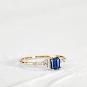 Princess Cut Blue Sapphire Dainty Ring with Diamonds in 14K Yellow Solid Gold Engagement Minimal Ring Multi-Stone Ring LR00061DS Yellow Gold