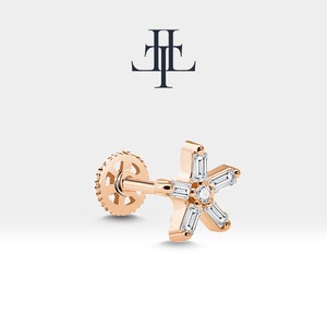 Tragus Piercing,Baguette Cut Floral Shaped Diamond Piercing in 14K White-Yellow-Rose Solid Gold,16G(1.2mm),8mm Bar Length, LP00009D