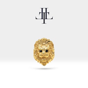 14K Solid Gold Cartilage Animal Style Lion Design Black Diamond Piercing, 16G (1.2mm) Screw Back Piercing, 8 mm Bar Length | LP00046B