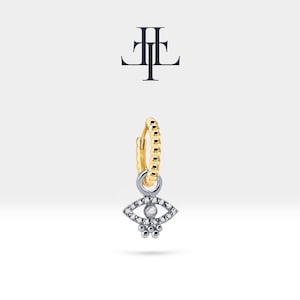 Evil Eye Design Dainty Huggie Earrings,Diamond Dangle Earring,14K Yellow Solid Gold,Small Helix Hoop,Minimalist Hoops