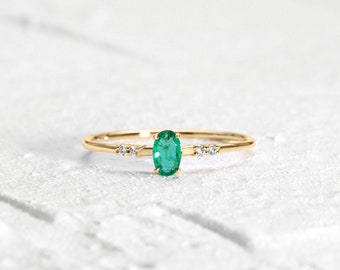 Multi Stone Ring with Oval cut Emerald and Diamond Ring in 14K Yellow Solid Gold Straight Shank Ring | LR00058DE