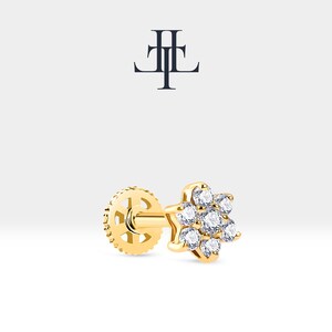 Piercing per cartilagine e trago, design a fiore con diamante, singolo piercing in oro massiccio bianco-giallo-rosa 14K, 16G (1,2 mm), lunghezza barra 8 mm, LP00004D
