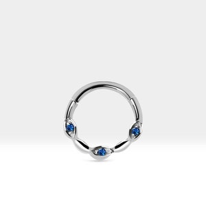 Cartilage Hoop with 3 Round Cut Sapphire Clicker Single Piercing in 14K Yellow-White-Rose Solid Gold 18G Hoops 10 mm | LC00040S