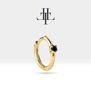Cartilage Hoop Round Cut Black Diamond Earring , Single Clicker Piercing , 14K White-Yellow-Rose Solid Gold,LE00006B