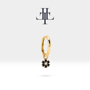 Brincos de argola delicados em formato de flor, pingente de flor com diamante e diamante negro, brinco de ouro amarelo maciço 14K