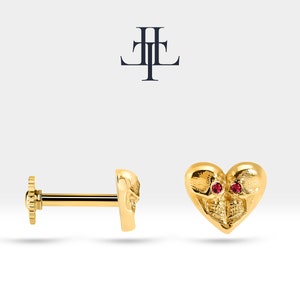 Totenkopf Piercing mit Rubin Piercing aus 14K Solid Gold Herzförmiger Totenkopf Piercing Flachboden Piercing 8mm Stablänge,16G(1.2mm),LP00023R