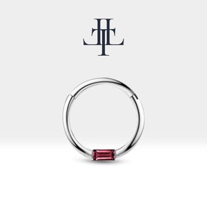 Cartilage Hoop Baguette Cut Ruby Clicker Piercing Single Earring in 14K Yellow White Rose Solid Gold Hoop 16G(1.2mm),10-12mm Outer| LC00016R