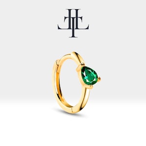 Drop Cut Cross Standing Emerald Earring Single Hoop in 14K Yellow-White-Rose Solid Gold Huggies Style Hoop Earring | LE00023E