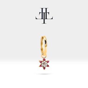 Hoop Earrings For Women,Dangle Hoop Earrings,14K Yellow Solid Gold Star Design Ruby&Diamond Earring,Halo Setting Ruby Earring