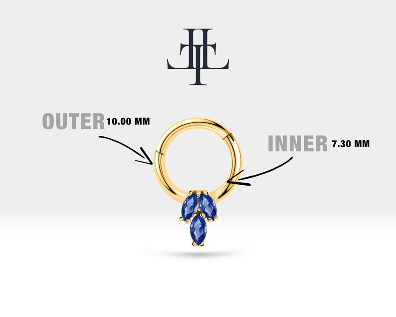 May include: A gold hoop earring with a cluster of three blue marquise shaped gemstones hanging from the bottom. The hoop is 10.00 mm outer diameter and 7.30 mm inner diameter. The text 'OUTER 10.00 MM' and 'INNER 7.30 MM' are written on the image.