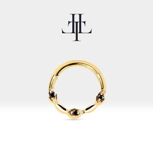 Cartilage Hoop / 3 Round Cut Black Diamond Clicker/Single Earring/ 14K Yellow-White -Rose Solid Gold/18G / 10 mm Clicker| LC00040B