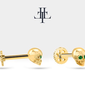 Cartilage Tragus Skull Design Green Garnet Piercing,Single Daith Earring,14K White-Yellow-Rose Solid Gold,16G(1.2mm), LP00011G