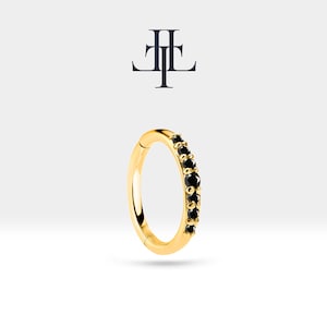 14K Solid Yellow Gold Hoop Clicker Piercing/Cartilage Black Diamond Single Earring /16G/ 12 mm Outer Diameters| LC00044B