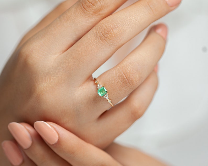 Dainty Ring,Emerald with Diamonds Ring,14K Yellow Solid Gold,Minimalist Engagement-Promise Ring image 2