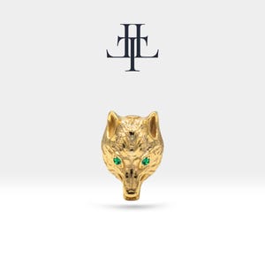 Wolf Design, 14K Solid Gold Cartilage, Tragus Animal Style Green Garnet Piercing, 16G(1.2mm) Screw Back Piercing, 8 mm Bar Length | LP00045G