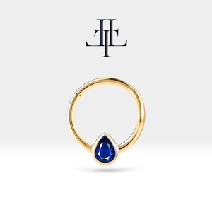 Knorpel Hoop, birnenförmiger Saphir Clicker, Einzelohrring, 14 K Gold, 16G (1,2 mm), 12 mm Außen | LC00043S