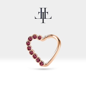 Cartilage Heart Clicker,Round Cut Ruby Heart Clicker,14K Yellow White Rose Solid Gold,16G(1.2mm),13mm Outer| LC00017R