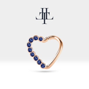 Cartilage Heart Clicker,Round Cut Sapphire Heart Clicker,14K Yellow White Rose Solid Gold,16G(1.2mm),13mm Outer| LC00017S