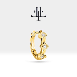 Marquise Shaped Hoop Earring withThree Diamond,Bezel Setting Earring,14K White-Yellow-Rose Solid Gold,Hoop Single-Pair Earring,LE00013D