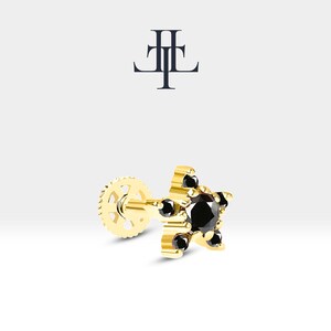 sterkraakbeenpiercing met zwarte diamant,sterpiercing met platte achterkant in 14 kt wit-geel-rosé massief goud,16 G (1,2 mm), 8 mm staaflengte | LP00029B