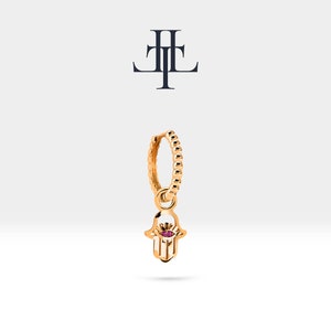 Huggie Hoop Earrings For Women,Dangle Hoop Earrings,14K Yellow Solid Gold Hand of Fatima Design with Ruby,Beads Shank Earring, LE00043R