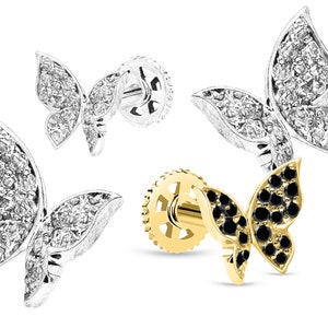 Butterfly Design Piercing with Black Diamond in 14K Yellow Solid Gold Tragus Piercing 8mm Bar Length 16G(1.2mm)| LP00006B