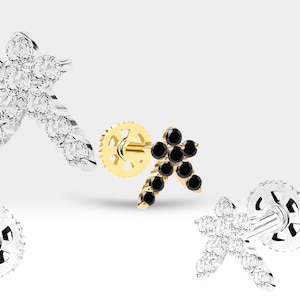 Starburst-piercing met diamantkraakbeentraguspiercing in 14K massief gouden hemelse oorbellen 6-8 mm staaflengte | LP00002B