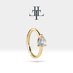 Cartilage Hoop Pear Cut Opal Clicker ,Prong Setting Opal Earring,14K Yellow White Rose Solid Gold Lobe Earring ,16G(1.2mm),LE00008O