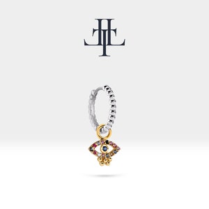 Evil Eye Design Zierliche Huggie Ohrringe, Mix Sapphire Ohrring, 14K Gelbgold, Perlen Schaft Ohrring, Minimalist Creolen