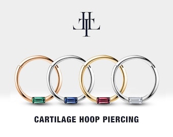 Cartilage Hoop Baguette Cut Diamond-Sapphire-Emerald-Ruby Clicker,Single,14K Yellow-White-Rose Solid Gold,18G(1.00)10mm Outer| LC00016