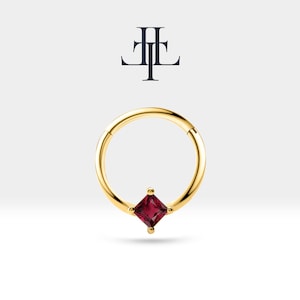 Gold Cartilage Hoop with Princess Cut Ruby Hoop Clicker Piercing in 14K Solid Gold Septum Ring,Prong Set Clicker,16G(1.20mm)| LC00030R