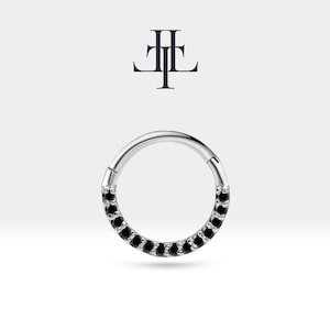 Cartilage Hoop Sequencing Design Black Sapphire Clicker Piercing 14K Yellow White Rose Solid Gold 16G(1.2mm) 10-12mm Outer | LC00002BS