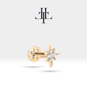 Cartilage Tragus Piercing,Sirius Shaped Round Cut Diamond Piercing in 14K White Yellow Rose Solid Gold,8 mm Bar Length,16G(1.2mm), LP00001D