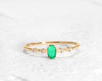 Dainty Ring with Oval cut Emerald and Sprinkled Diamonds in 14K Yellow Solid Gold Minimal Engagement Ring Multi-stone | LR00059DE