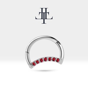 Moon Design Hoop Clicker Piercing with Red Ruby Cartilage Clicker Piercing in 14K Yellow Solid Gold 16G(1.2mm) 10mm Outer| LC00045R