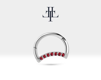 Moon Design Hoop Clicker Piercing with Red Ruby Cartilage Clicker Piercing in 14K Yellow Solid Gold 16G(1.2mm) 10mm Outer| LC00045R