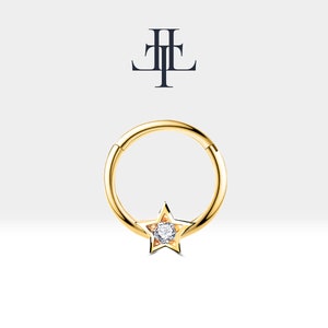Cartilage Hoop Round Cut Diamond Star Clicker Single Earring in 14K Yellow-White-Rose Solid Gold, 16G(1.2mm), 10mm Outer| LC00019D
