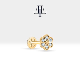 Flat Back Piercing/14K Solid Gold Round Cut Natural Diamond Piercing/Diamond Cartilage Earring/Helix Tragus Piercing,16G(1.2mm),LP00038D