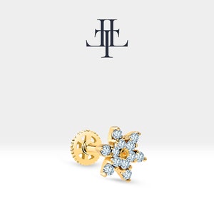 Cartilage Snowflake Piercing,Diamond Snowflake Shaped Piercing in 14K White-Yellow-Rose Solid Gold,8mm Bar Length,16G(1.2mm),LP00035D
