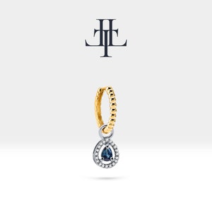 Brincos de argola delicados em formato de pêra, pingente de pêra com diamante e safira, ouro amarelo sólido 14K, brinco de argola com haste de contas, LE00047DS