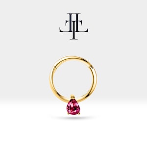 Hoop Clicker Piercing mit Pear Cut Rubin in 14K Solid Gold Helix 18G(1,00 mm),12 mm Außen | LC00011R
