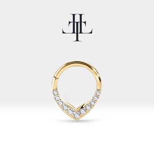 Cartilage Hoop Diamond Clicker Piercing Drop Design Clicker in 14K Yellow Solid Gold Septum Hoop 16G(1.2mm) | LC00049D