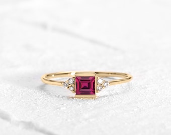 Dainty Ring,Princess Cut Ruby with Diamond Ring,14K Yellow Solid Gold,Multi Stone Minimal Ring