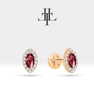 Cartilage Piercing with Halo Set Marquise Ruby/Diamond in 14K White-Yellow-Rose Solid Gold,16G(1.2mm),8mm Bar Length,LP00026R