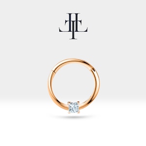 Cartilage Hoop Princess Cut Diamond Clicker Earring , 14K Yellow Solid Gold , 16G , 10 mm 12 mm Outer Diameter| LC00034D