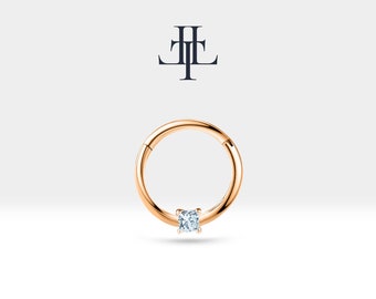 Cartilage Hoop Princess Cut Diamond Clicker Earring , 14K Yellow Solid Gold , 16G , 10 mm 12 mm Outer Diameter| LC00034D
