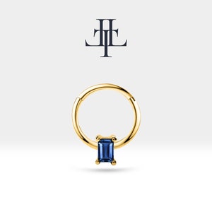 Cartilage Hoop Clicker,Baguette Shaped Sapphire Clicker Piercing,Single Earring,14K Solid Gold,12mm Outer| LC00007S
